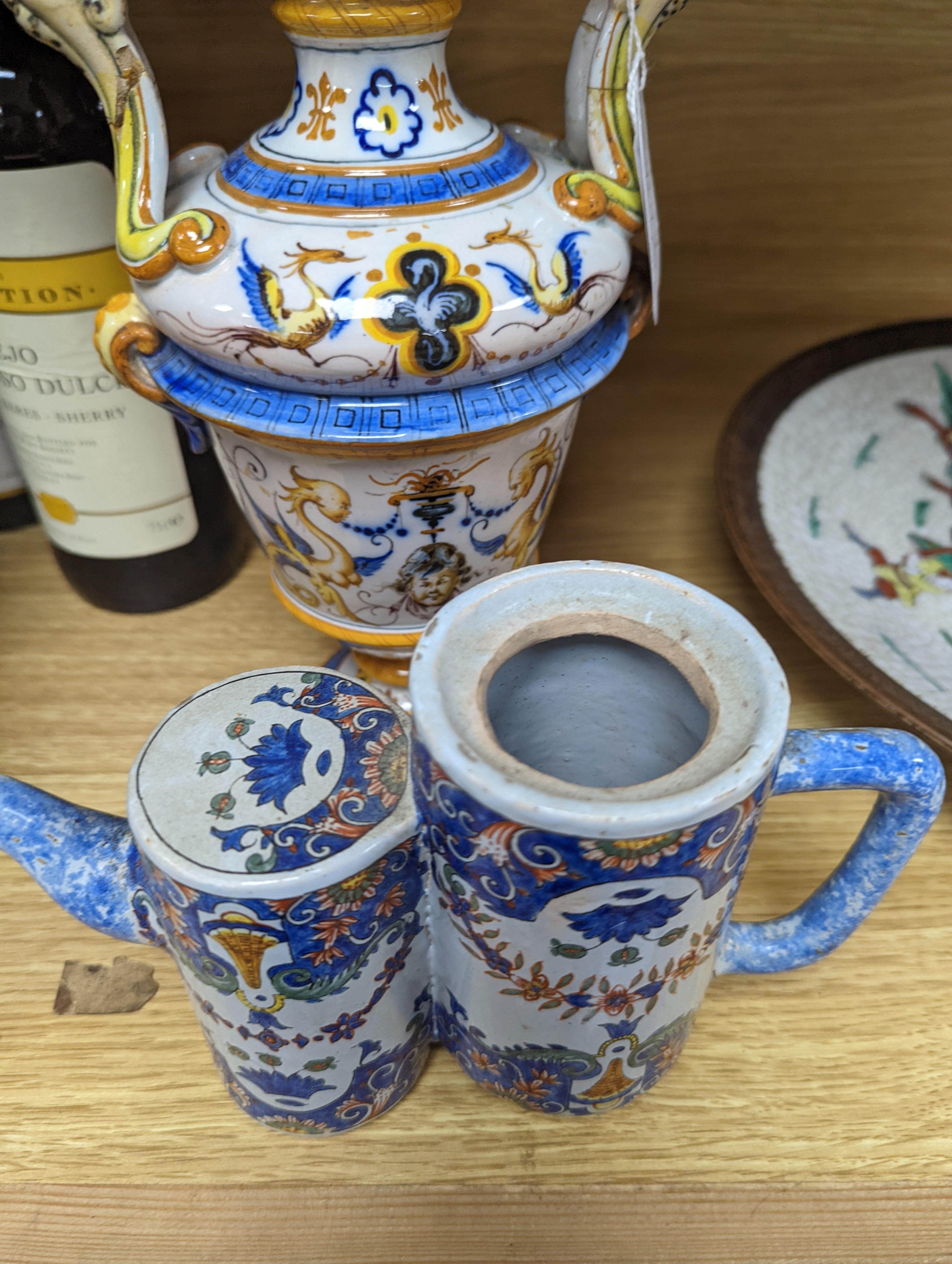 A Ginori maiolica two handled vase and Delft polychrome double cylinder teapot 27cm